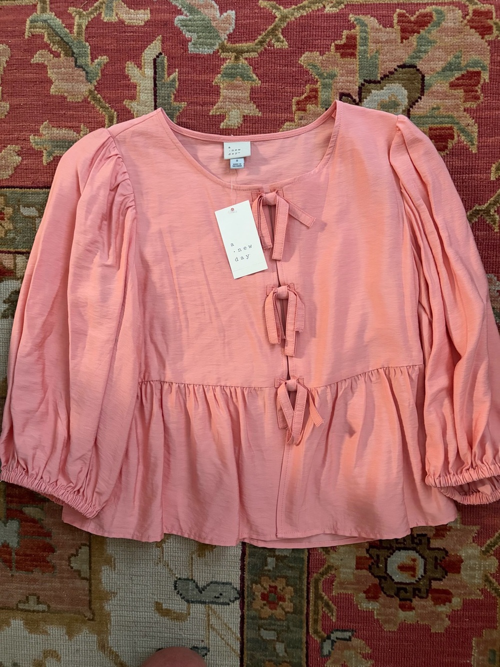 NWT A New Day Coral/Peach Tie Front Peplum Blouse Size Small